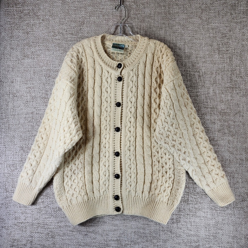 Gaeltarra‎ Irish Fishermans Wool Cable Knit Cardigan Sweater Unisex L Ivory Crew